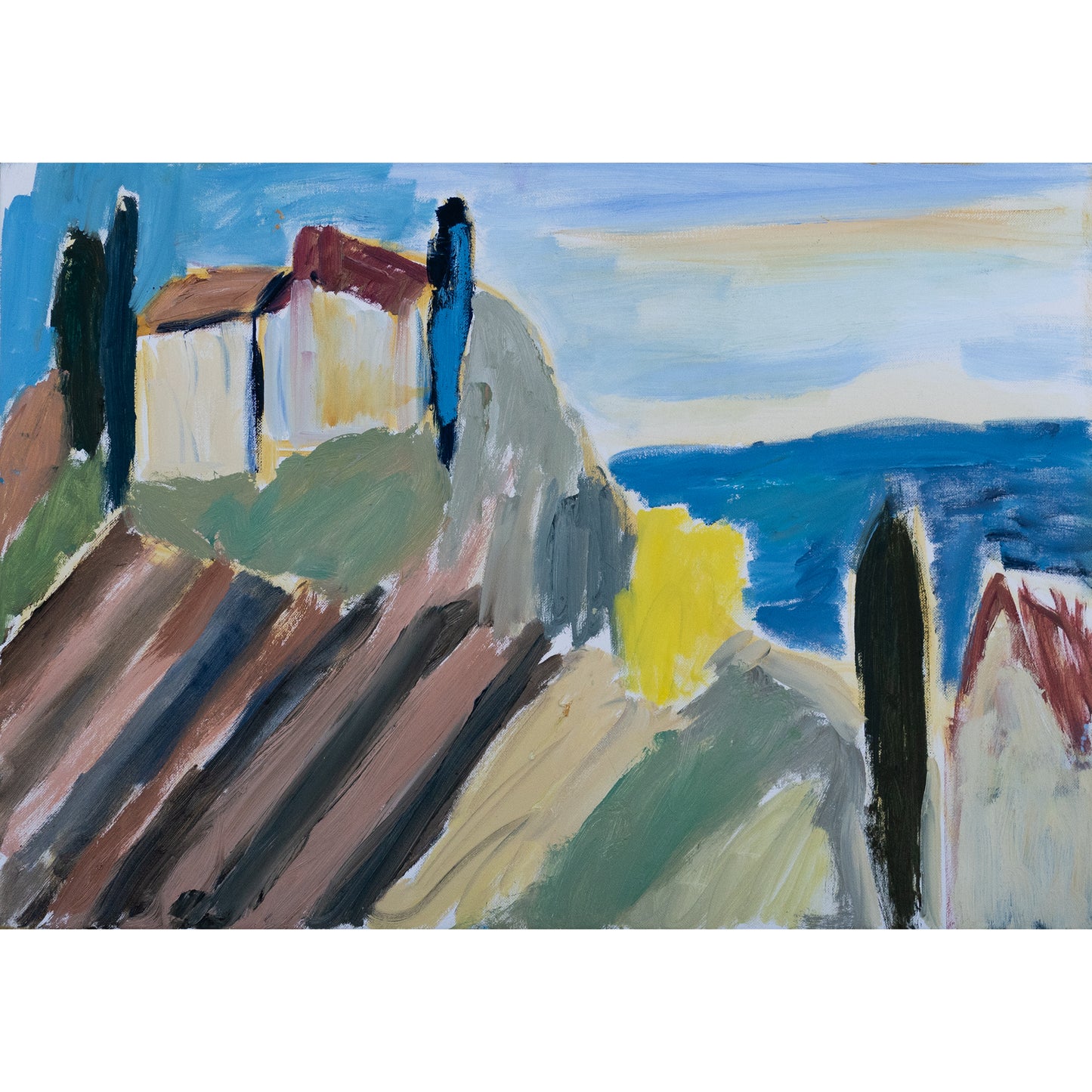 Seascape painting by Katia Demyanova with sky, houses, hills, cypresses
