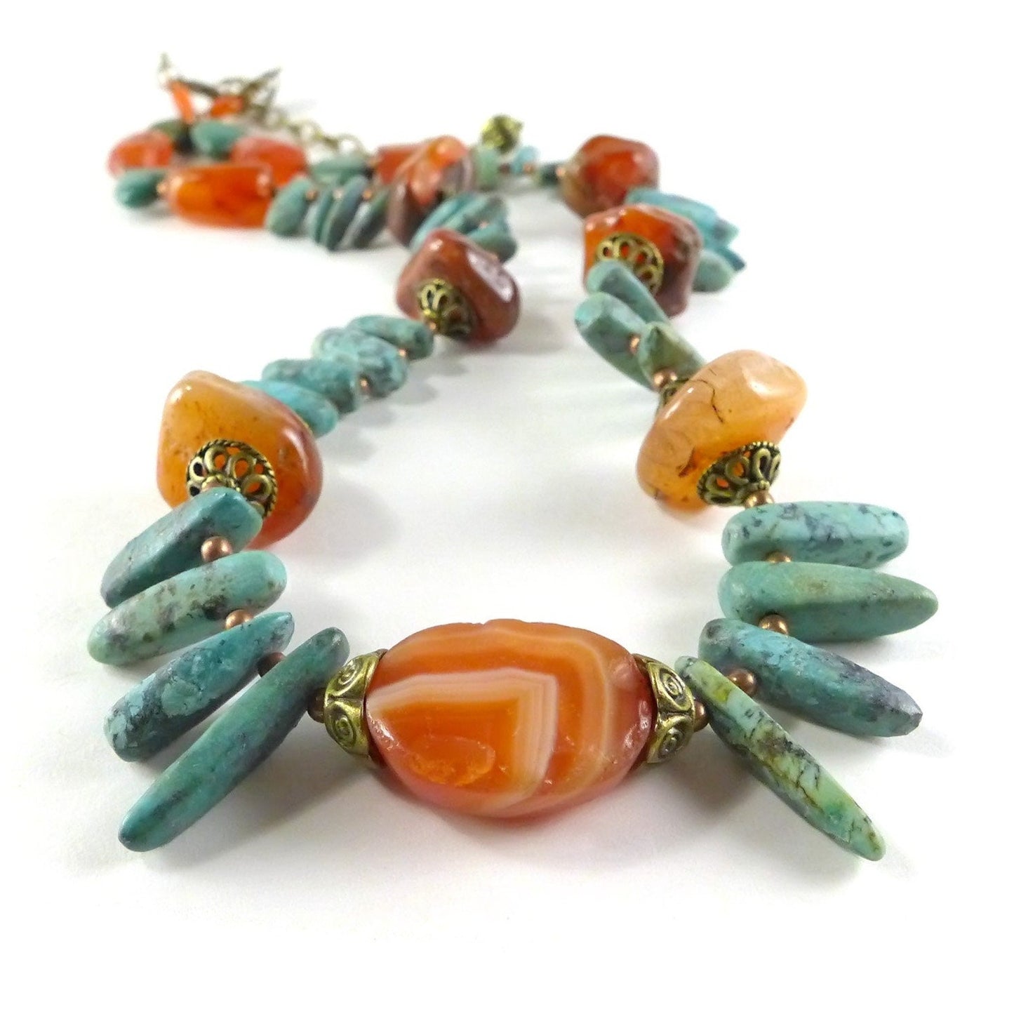 Green & orange necklace, chrysocolla and carnelian, designed and made by Katia Demyanova