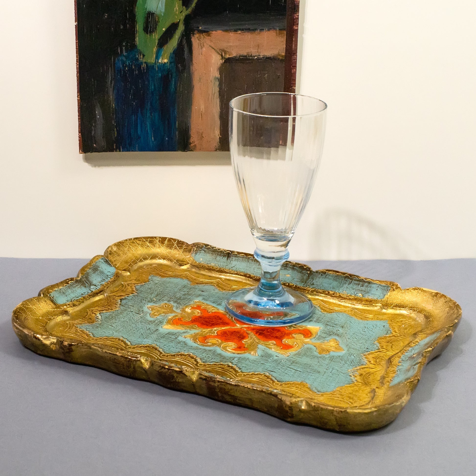 blue gold orange-red wooden tray