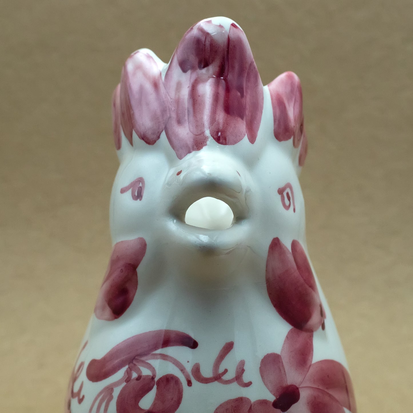 Italian Ceramic Pink Rooster Jug (front upclose)