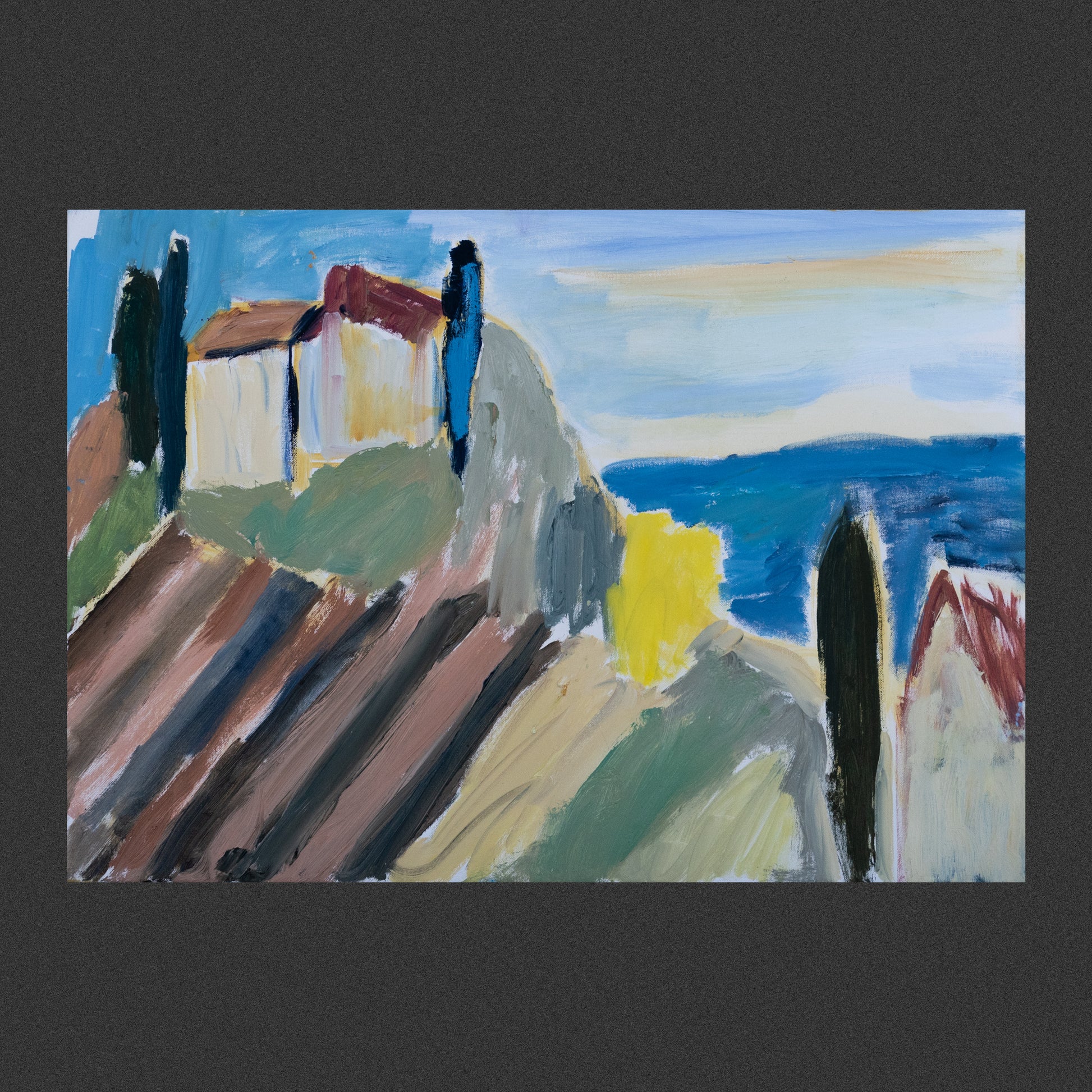 Katia Demyanova landscape with sea, sky, hills, houses, cypresses