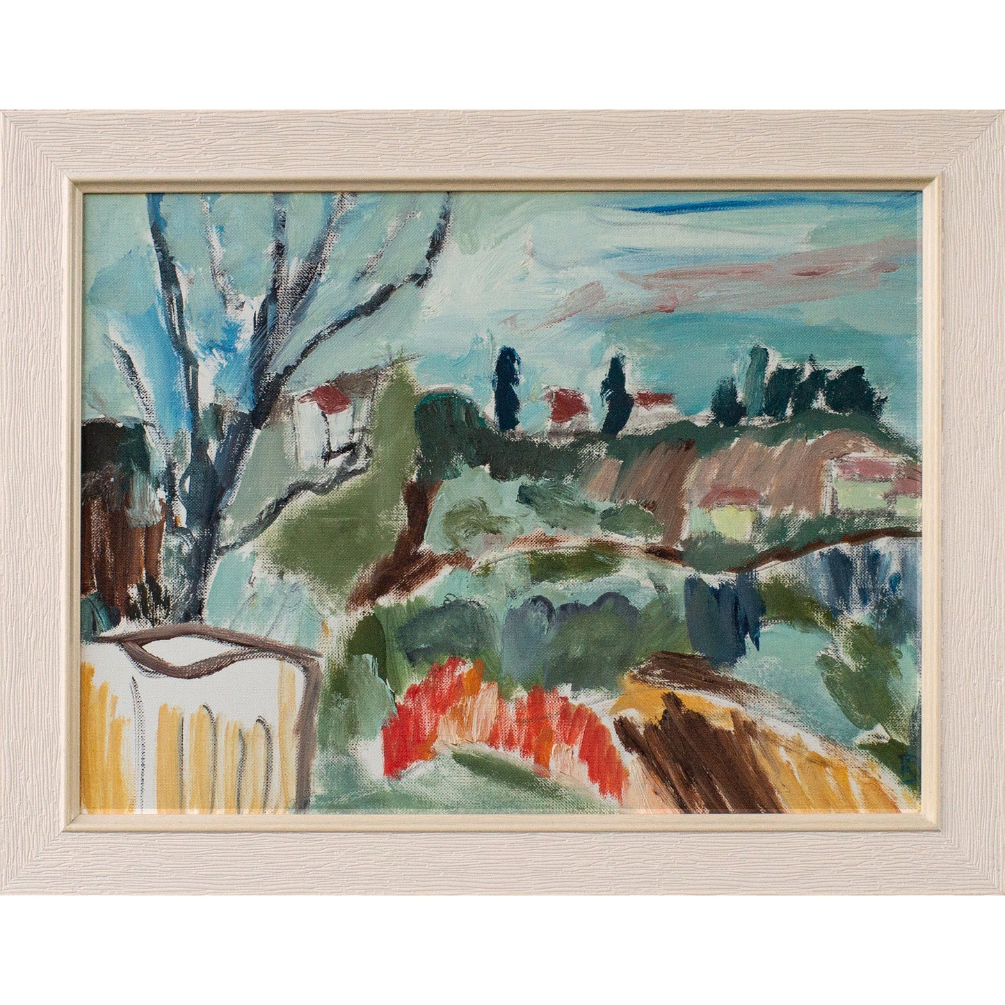 Katia Demyanova framed painting landscape with hills, houses, trees