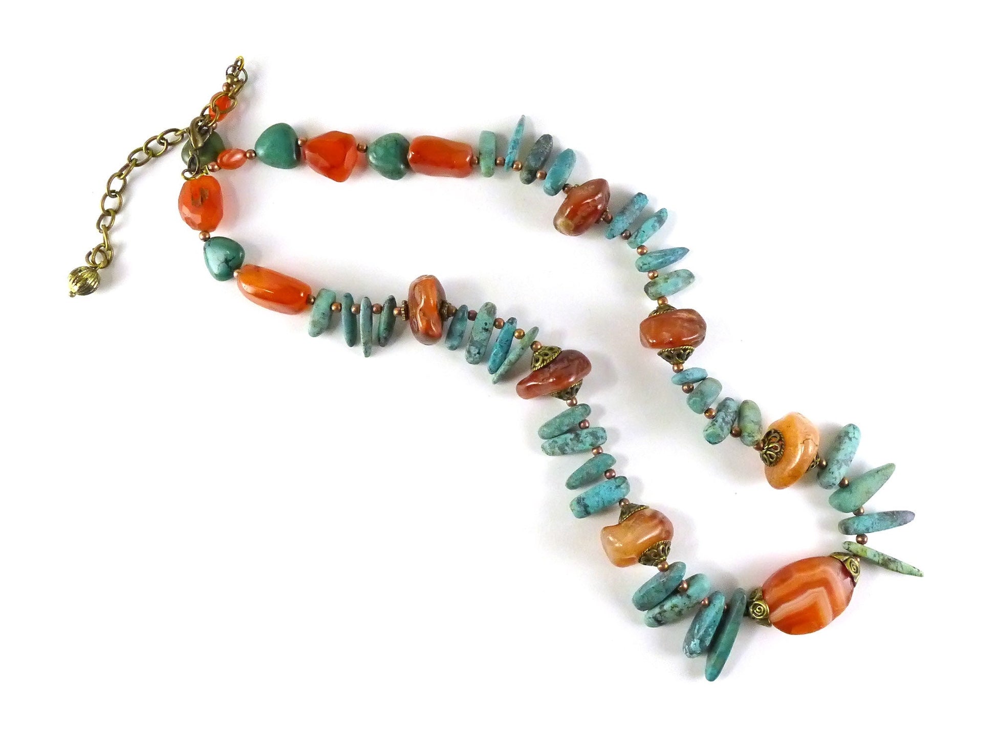 Green & orange necklace, chrysocolla and carnelian, designed and made by Katia Demyanova