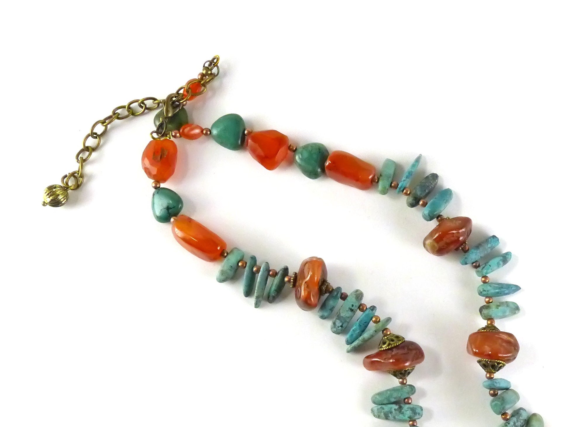 Chrysocolla and carnelian green-orange necklace, designed and made by Katia Demyanova