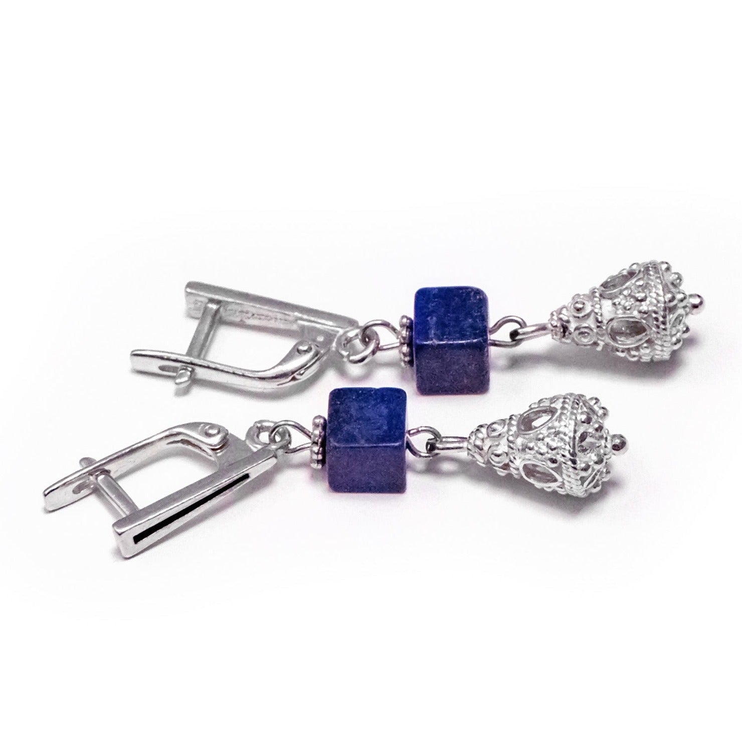 Lapis lazuli and silver earrings designed and crafted by Katia Demyanova