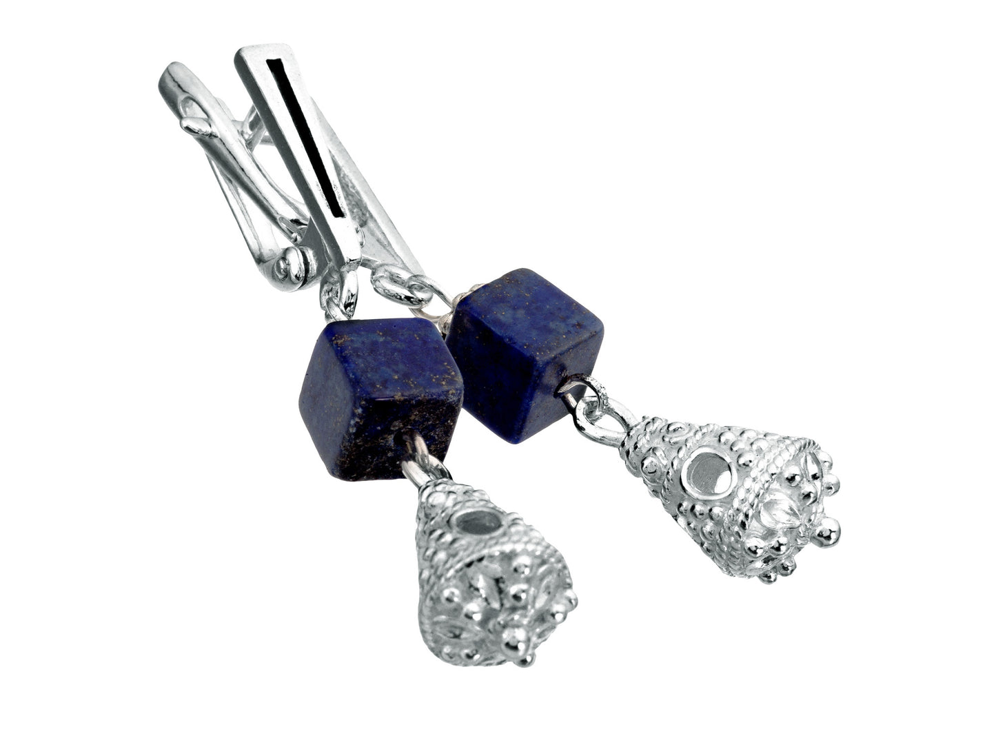 Silver and blue lapis earrings with latch back closures designed and crafted by Katia Demyanova