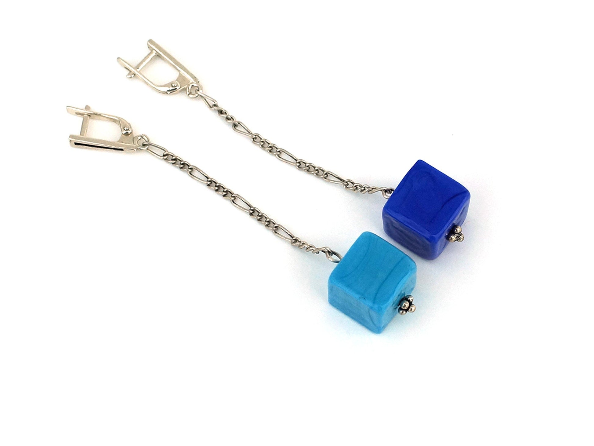 Murano glass cubes long silver chains latch back closures