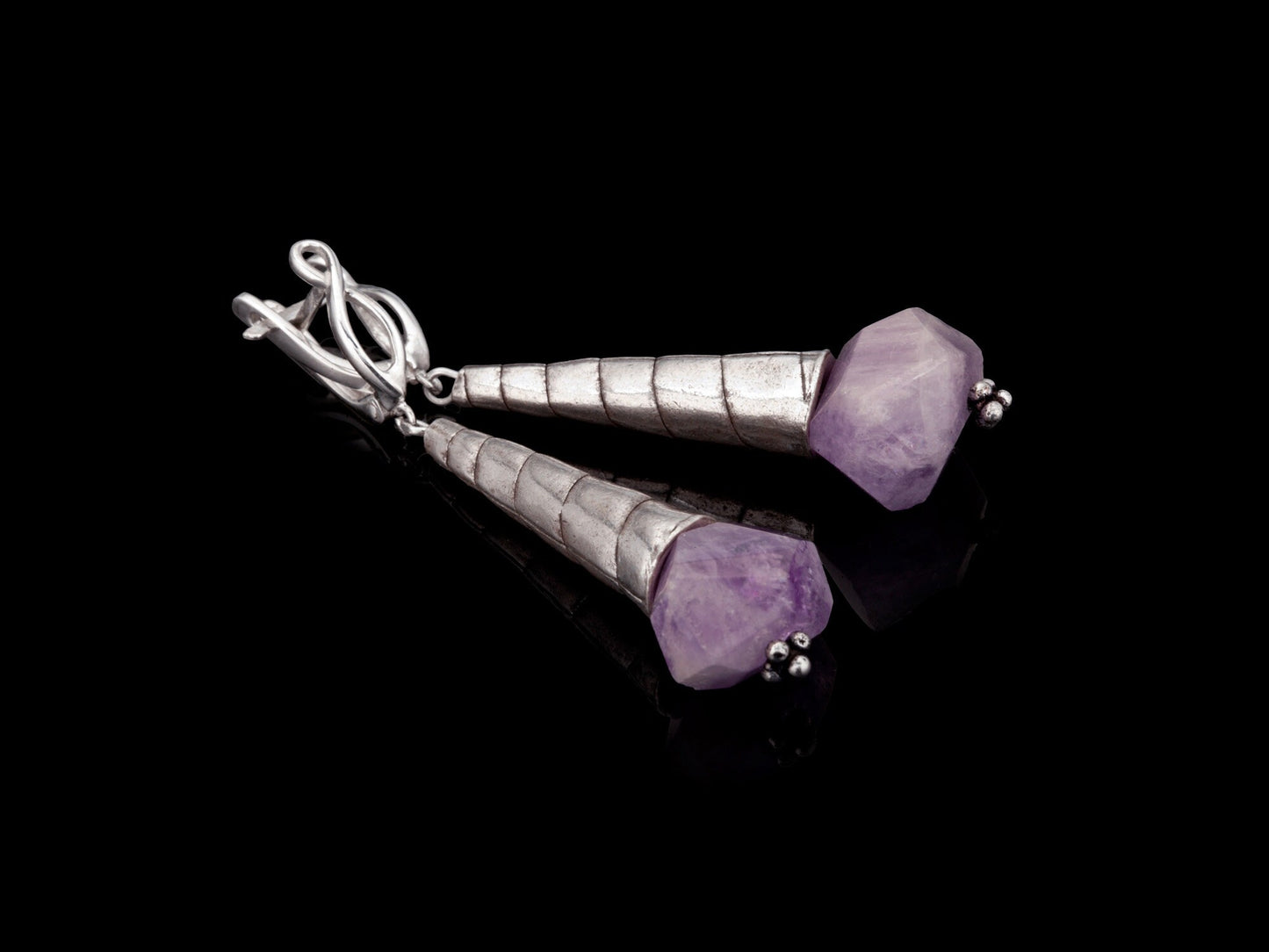 amethyst silver earrings with stylish silver closures designed and crafted by katia demyanova