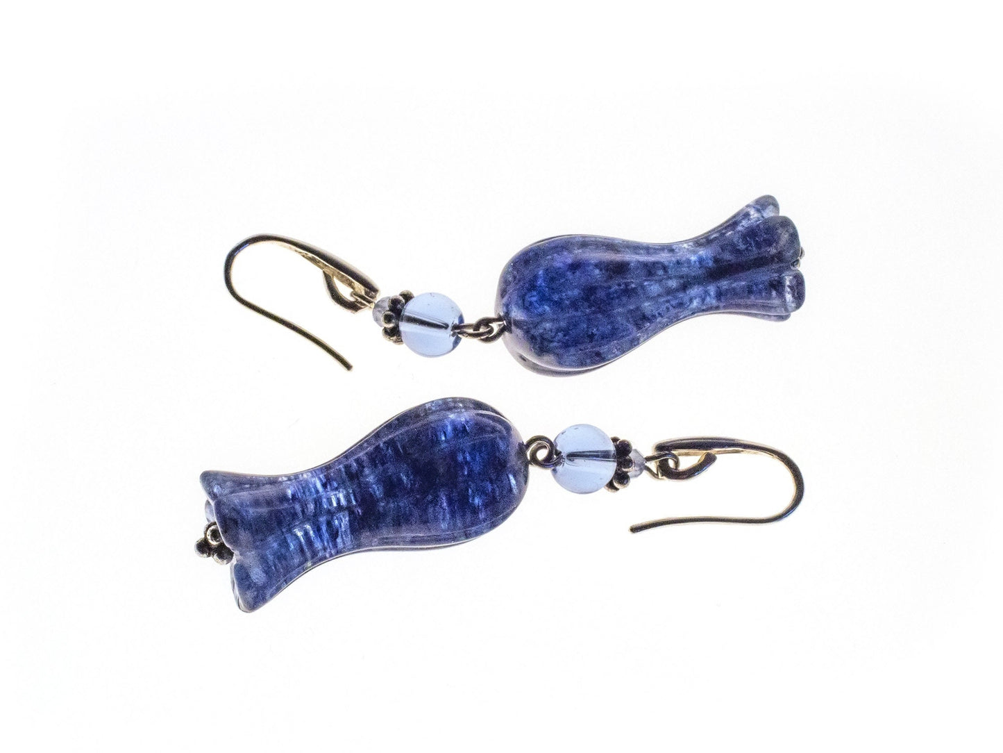 Bluebell earrings, made of blue chalcedony beads and Murano glass