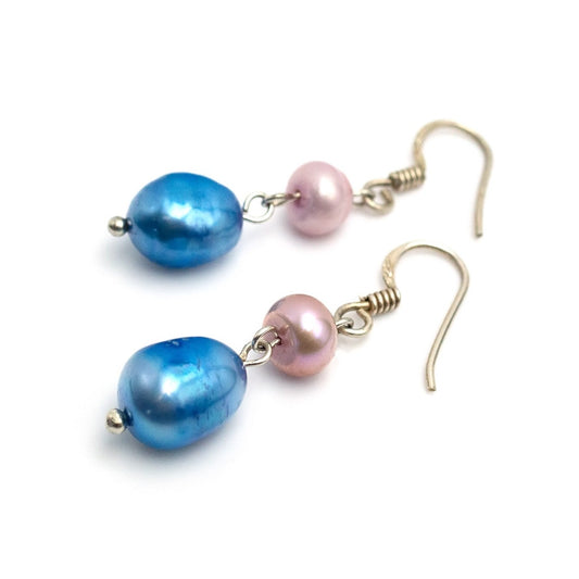 Blue-pink pearl earrings