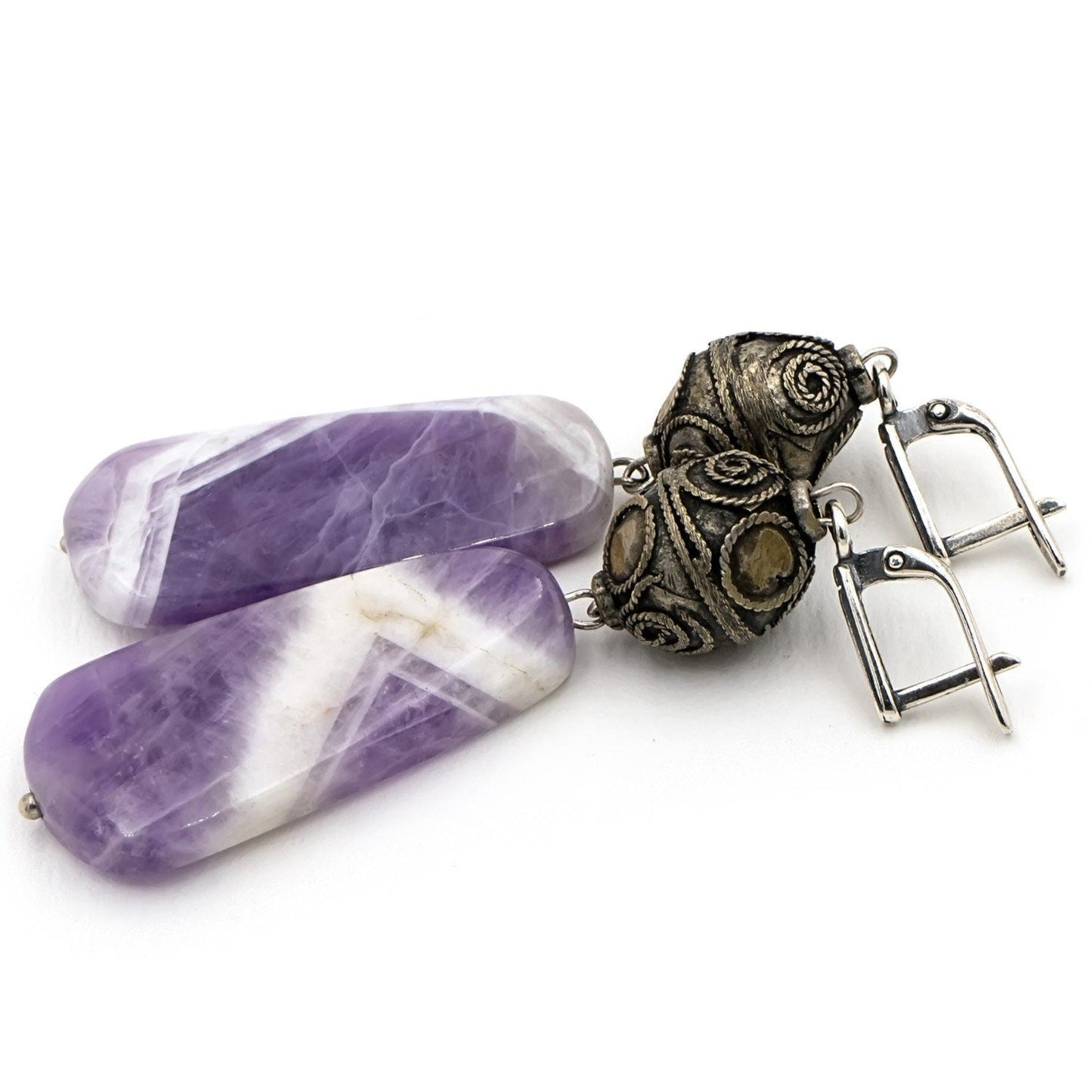 earrings with flat amethysts and forged metal beads designed and crafted by katia demyanova